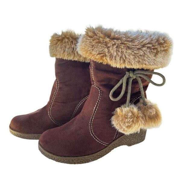 NWT Coco George Brown Tan Faux Suede Fur Platform Heel Girls Boots Size 11.5 - Picture 2 of 8